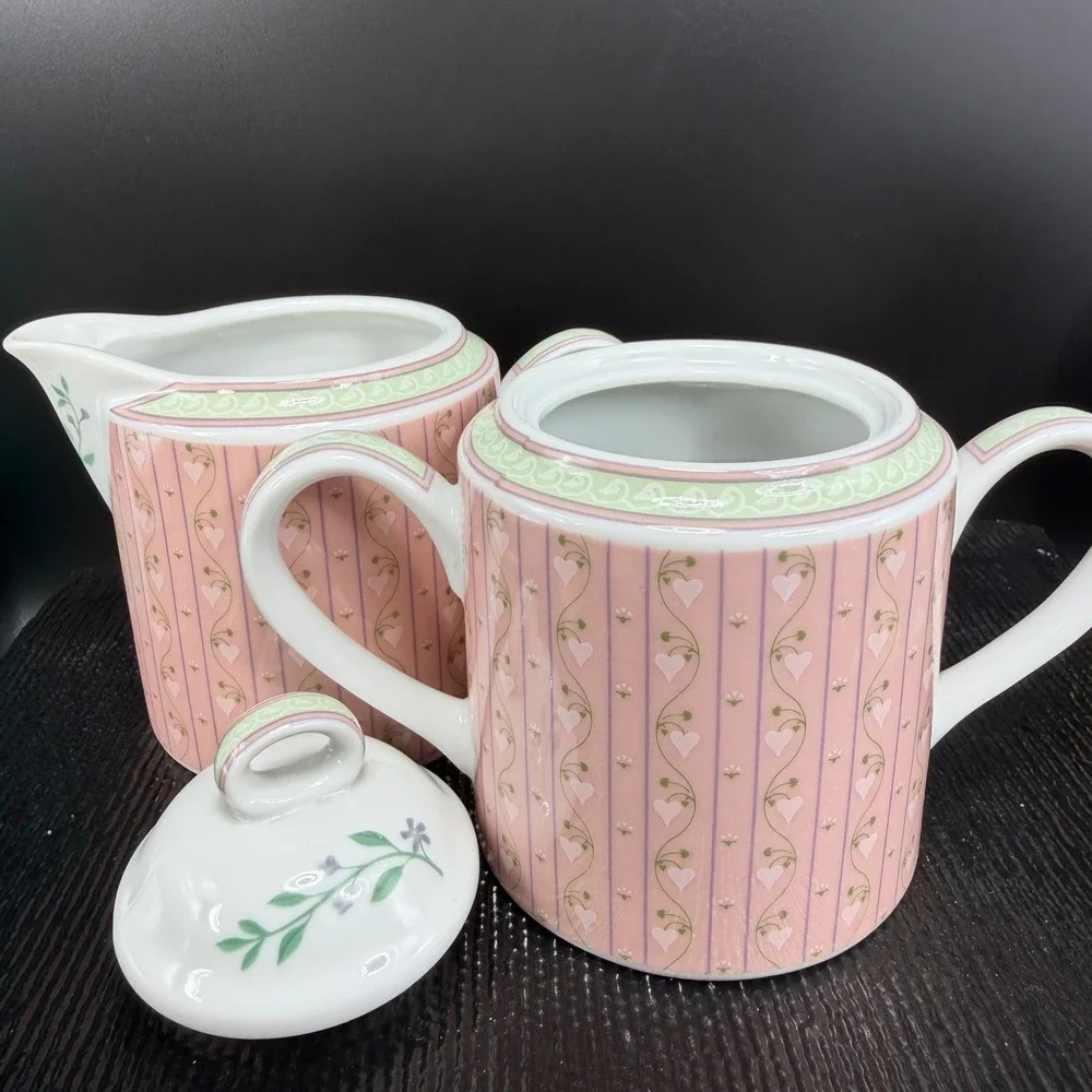 Lynn Hollyn Toscany Town Country Creamer Sugar‎ Bowl Set Pink Heart Stripe Japan